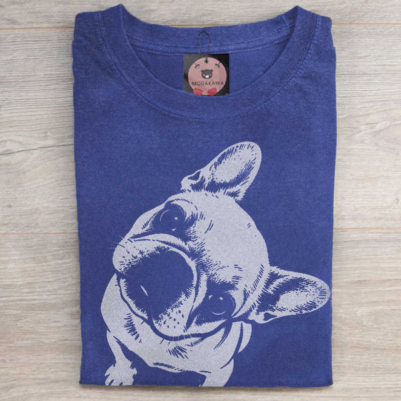 MODAKAWA Bulldog Graphic Unisex Vintage Washed T-shirt - Blue - 5XL - image 3