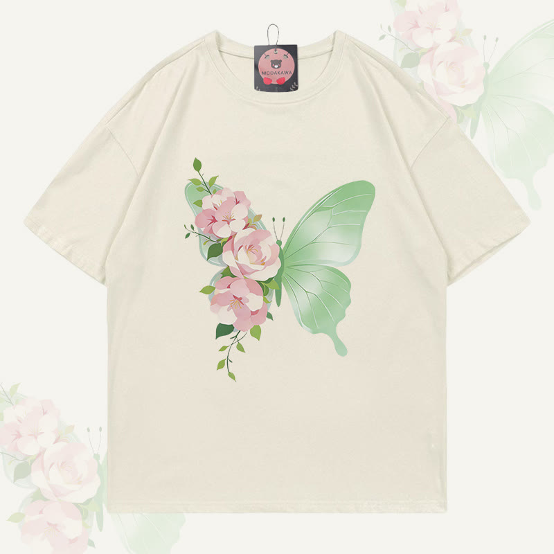 MODAKAWA Flower Butterfly Graphic T-shirt - Beige - 5XL - image 3