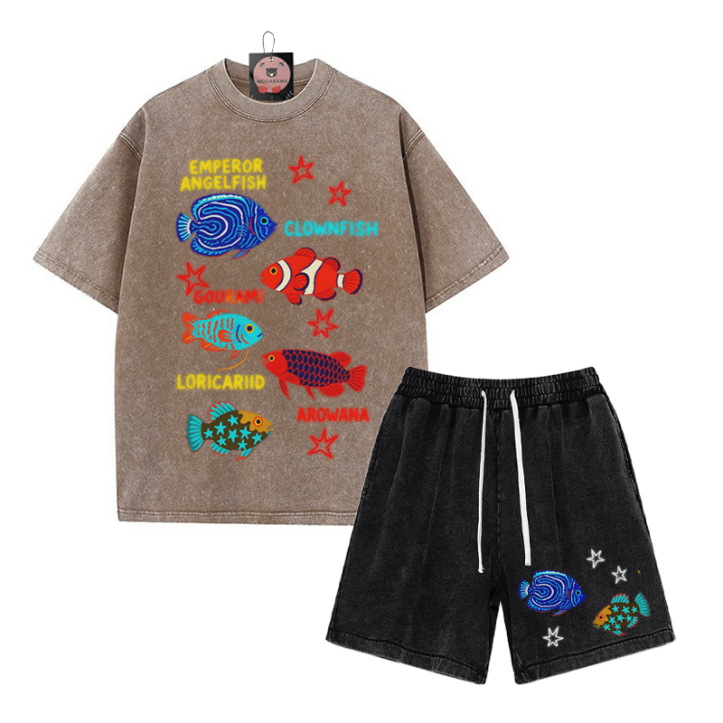 Fish Star Print T-shirt Vintage Washed Shorts Two Pieces Set - Brown&Black - 3XL - image 9