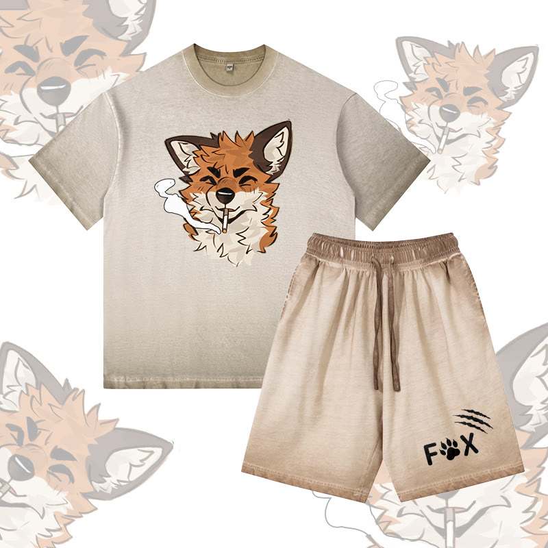 MODAKAWA X atka Smoking Fox Graphic Vintage Washed T-shirt FOX Letter Graphic Shorts Gradient Two Pieces Set - Khaki - 5XL - image 2