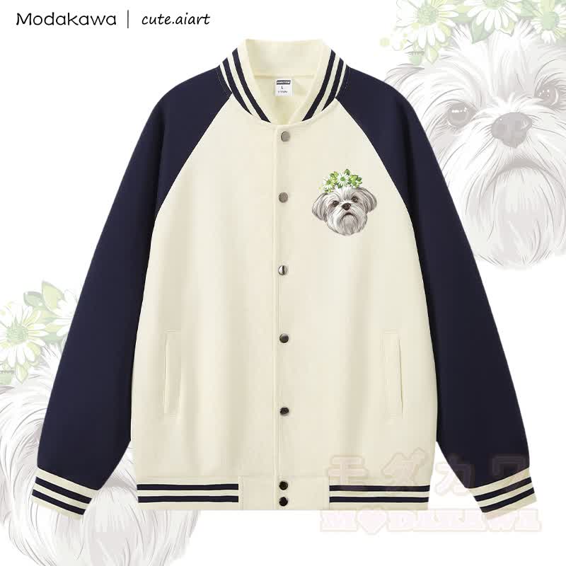 MODAKAWA X cute.aiart Puppy Graphic Color Block Baseball Jacket - Purplish Blue & Apricot - 5XL - image 3