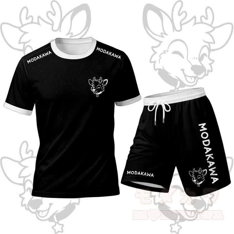 MODAKAWA X popipeko Deer Graphic Men's Sports T-shirt Drawstring Shorts Matching Outfit - Black Set - 5XL - image 14