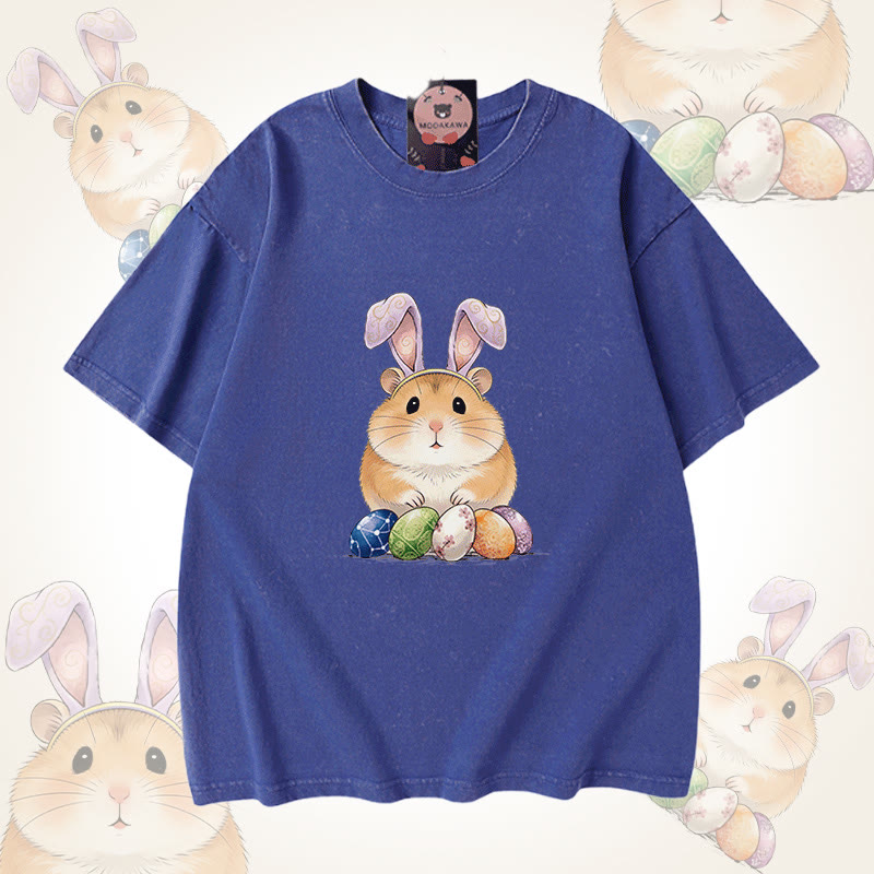 Easter Egg Hamster Graphic Modakawa Unisex Vintage Washed T-shirt - Blue - 5XL - image 3