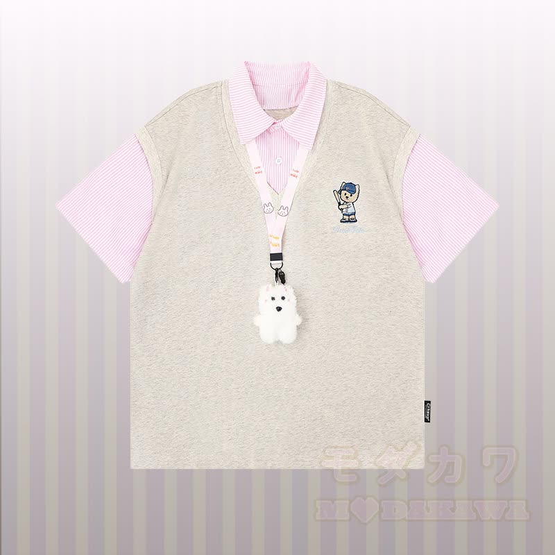 Puppy Embroidery Stripe Color Block Polo T-shirt Ripped Denim Pants Modakawa Matching Outfit - Grey T-shirt - XL - image 3