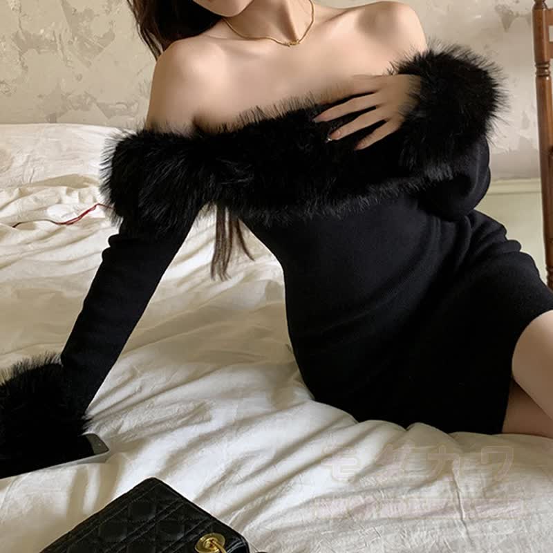 Faux Fur Trim Off Shoulder Long Sleeve Bodycon Dress - image 4