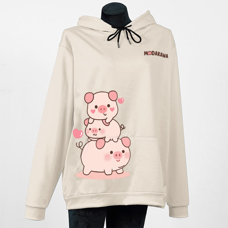 Stacked Pig Letter Print Modakawa Loose Hoodie - Apricot - 5XL - image 5