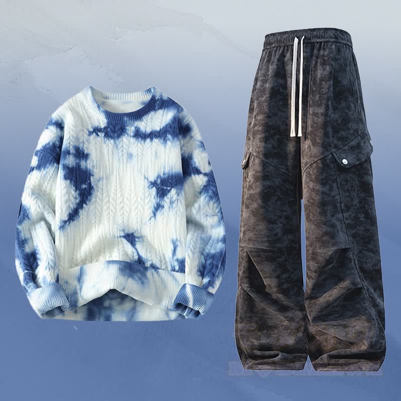 Tie-Dye Knit Sweater Cargo Pants Two Pieces - Set D - 3XL - image 4