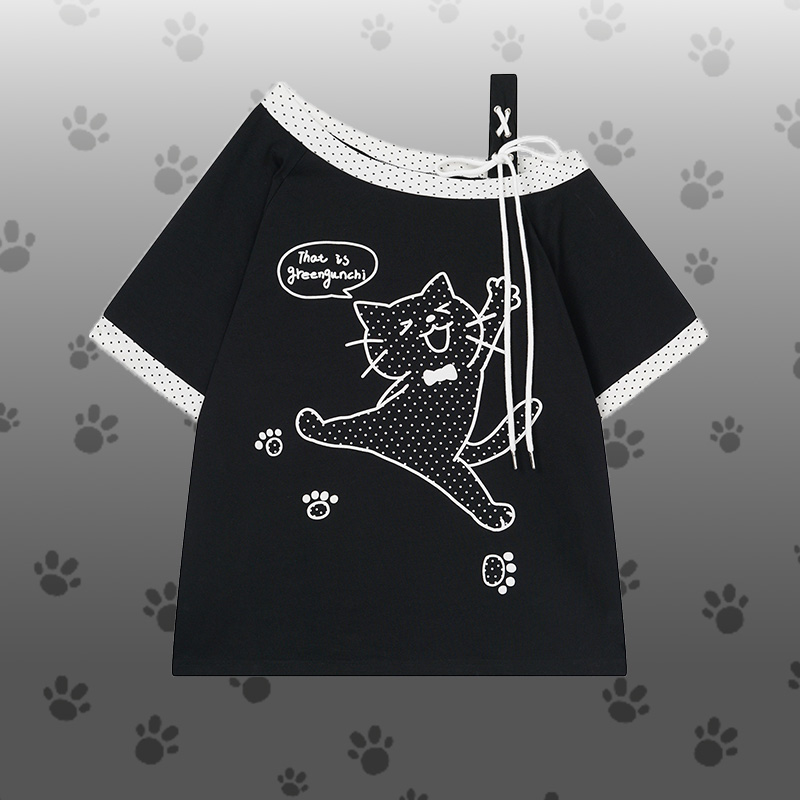 Polka Dot Cat Graphic One Shoulder T-shirt Kitty Gingham Shorts Modakawa Matching Outfit - Black T-shirt - L - image 3