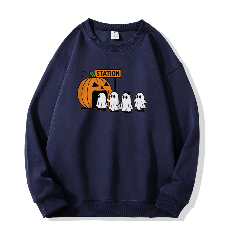 Pumpkin Ghost Print Round Collar Sweatshirt - Purplish Blue - 5XL - image 5