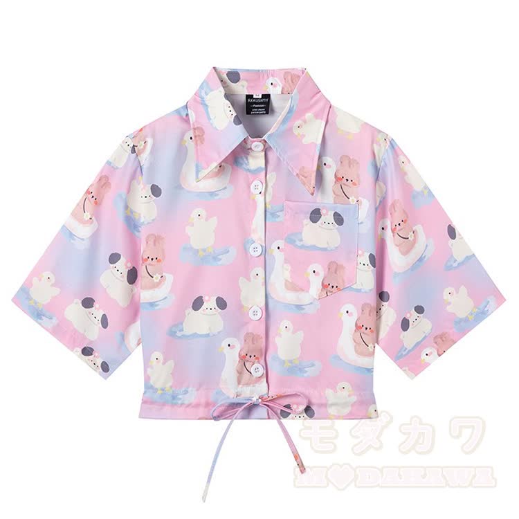 Animal Print Short Sleeve Button-Up Shirt - Multicolor G - L - image 8
