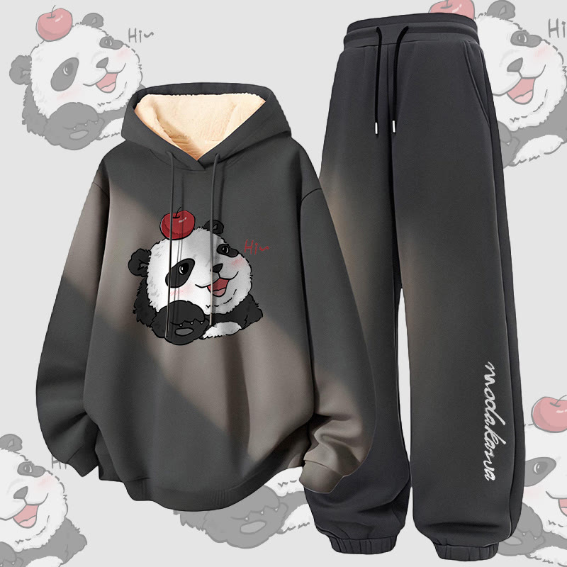 MODAKAWA Panda with Apple Graphic Thick Fleece Lined Hoodie Pants Two Pieces Set - Dark Grey - 5XL - image 2