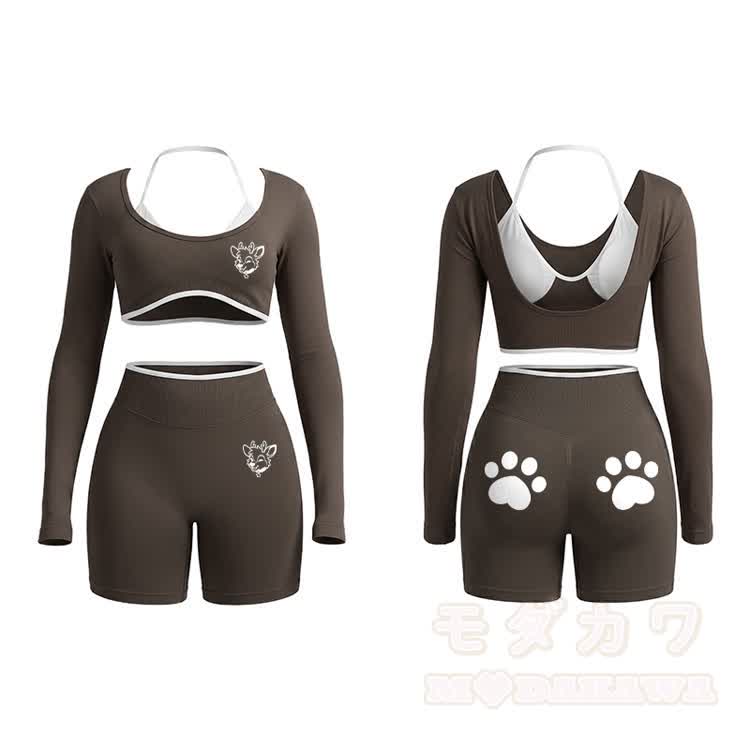 Deer Graphic Tight Long Sleeve Yoga Top & Shorts Set - Coffee - XL - image 8