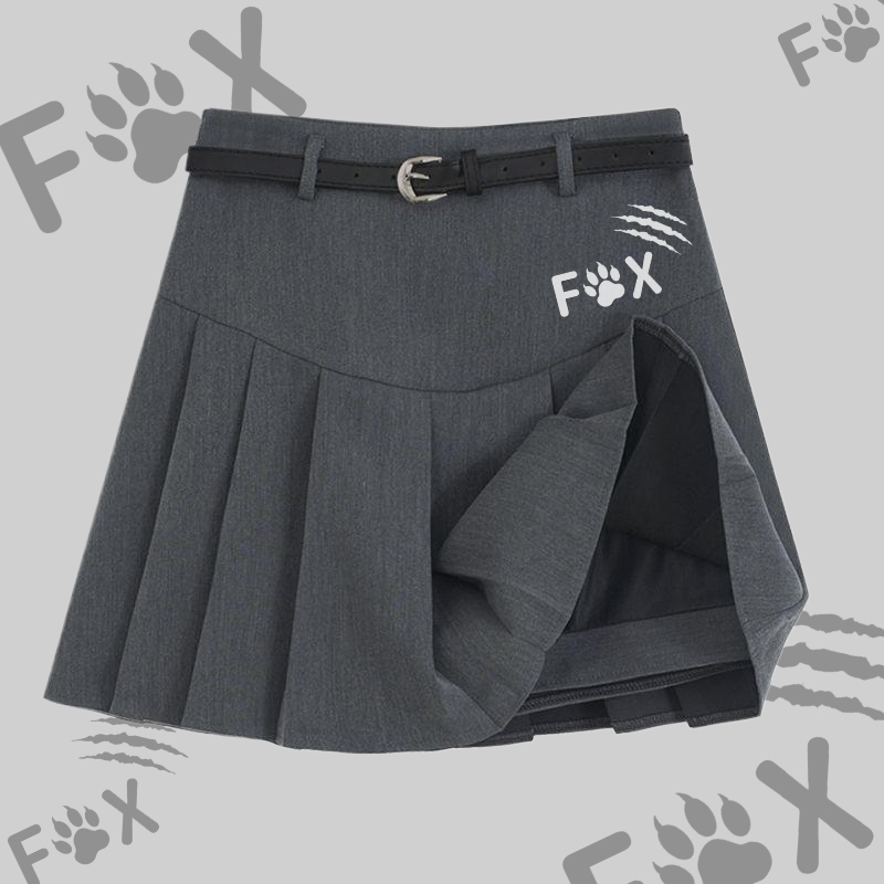 MODAKAWA X atka Funny Fox Square Neck T-shirt Belt Pleated Skirt Matching Outfit - Grey Skirt - 2XL - image 4
