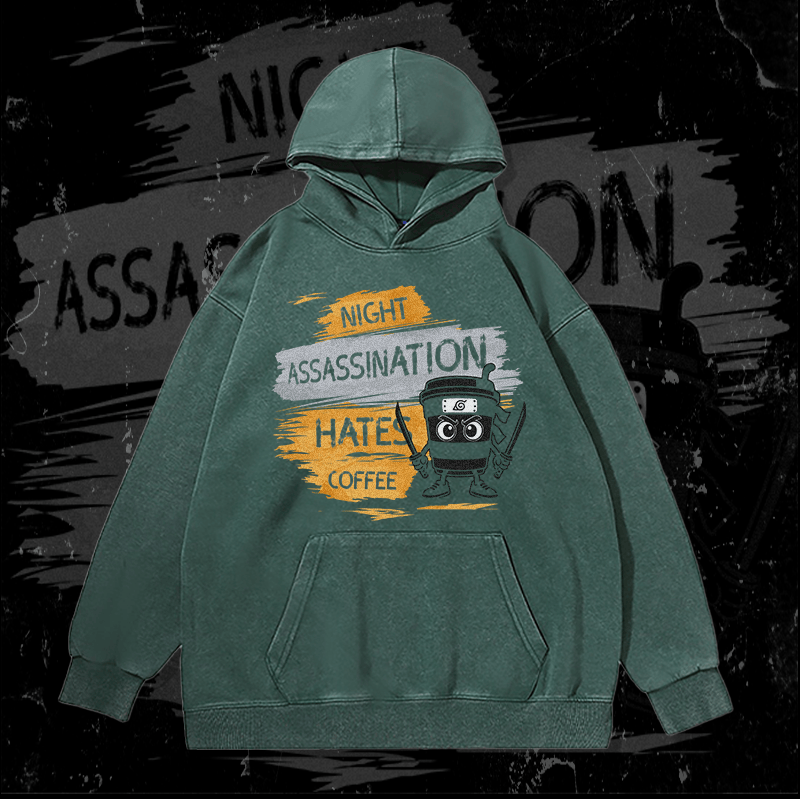 MODAKAWA Coffee Ninja Graphic Unisex Vintage Washed Hoodie - Green - 2XL - image 2