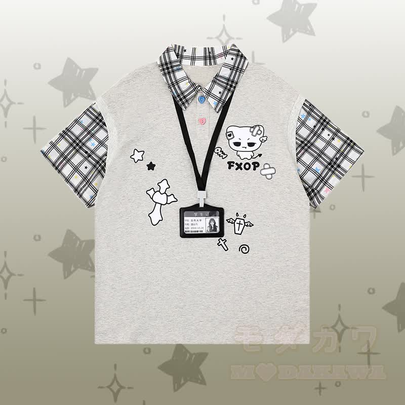 Demon Kitty Graphic Color Block Polo T-shirt Ripped Denim Pants Modakawa Matching Outfit - Grey T-shirt - XL - image 5