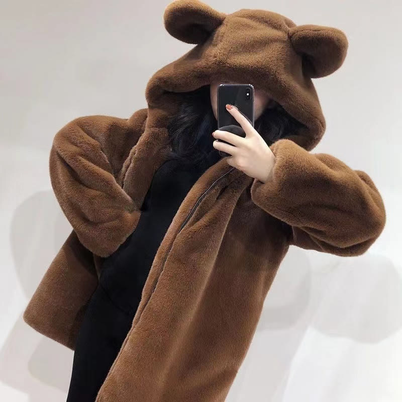 Cute Teddy Bear Ear Hooded Fleece Jacket - Coffee - 2XL - image 7