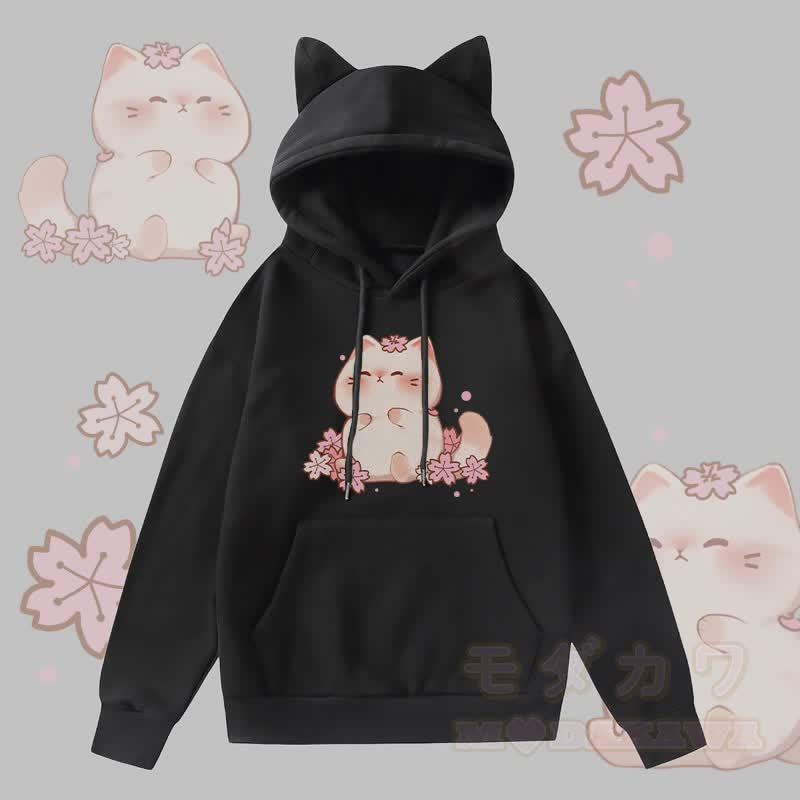 MODAKAWA Sakura Kitty Graphic Cat Ears Pocket Fleece Lined Hoodie - Black - 2XL - image 3