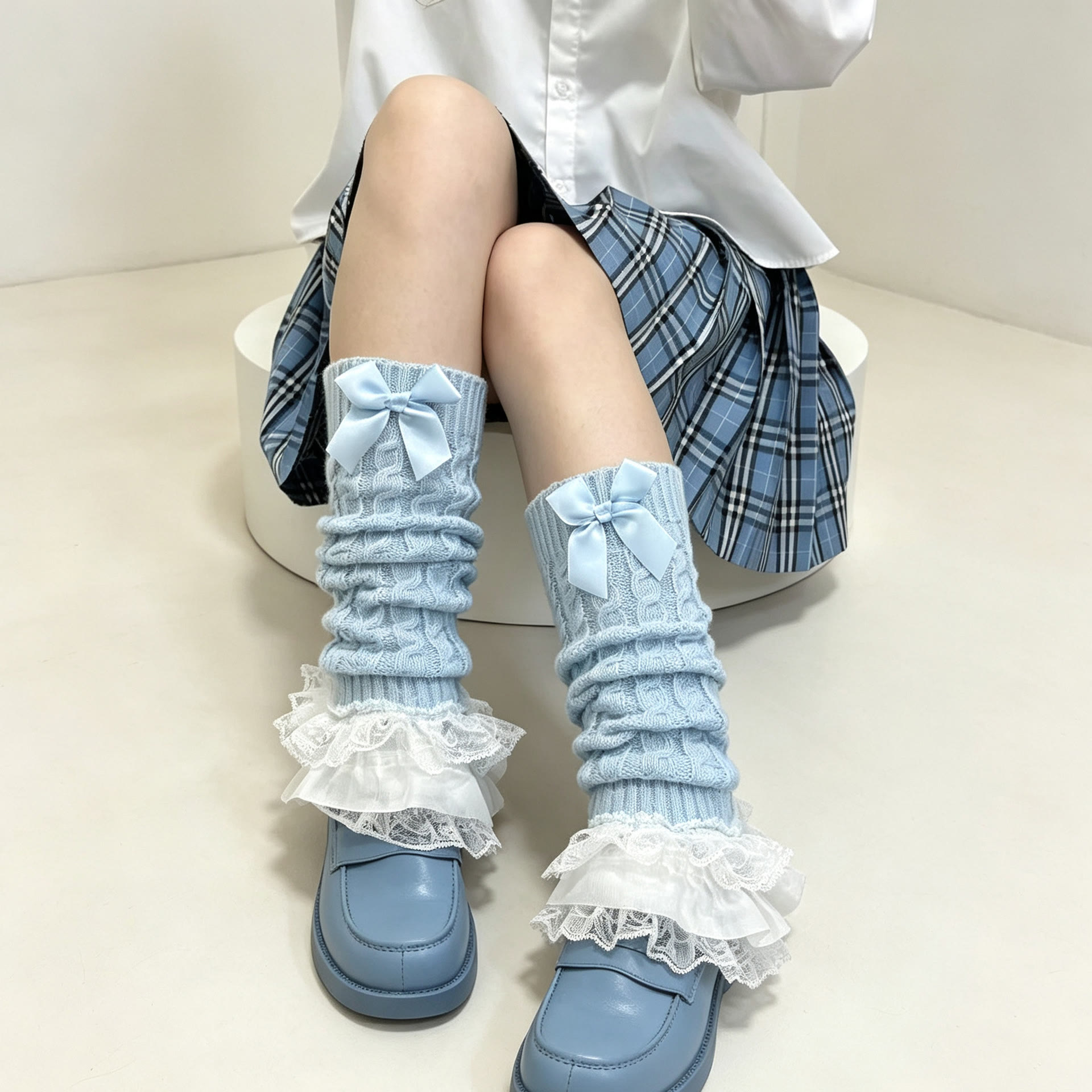 Lace Trim Calf Leg Warmers - Blue - One Size - image 9