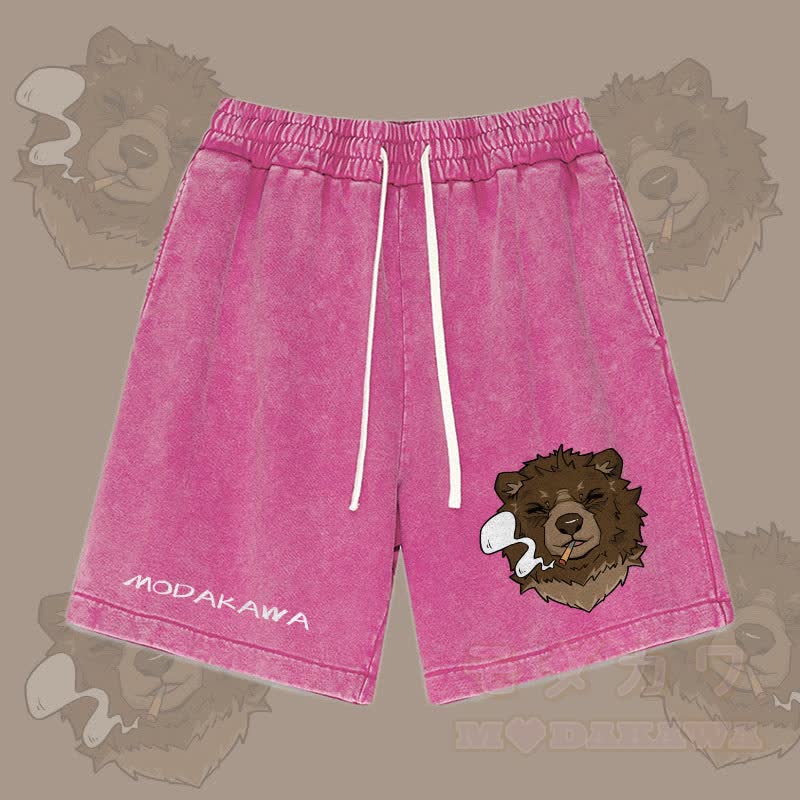 MODAKAWA Smoking Bear Graphic Vintage Washed Streetwear Shorts - Rose Red - 3XL - image 4