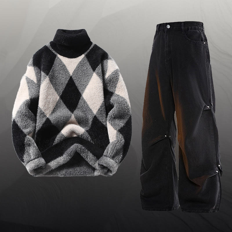 Plaid Fuzzy Knit Sweater Denim Pants Two Pieces - Set F - 3XL - image 6