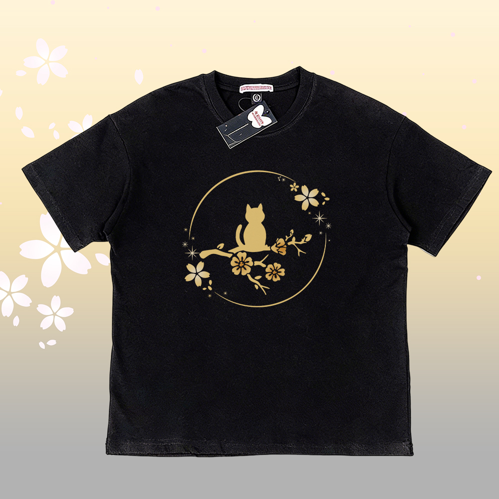 Sakura Cat Graphic 100% Cotton T-shirt Gradient Shorts Modakawa Matching Outfit - Black B T-shirt - 5XL - image 5