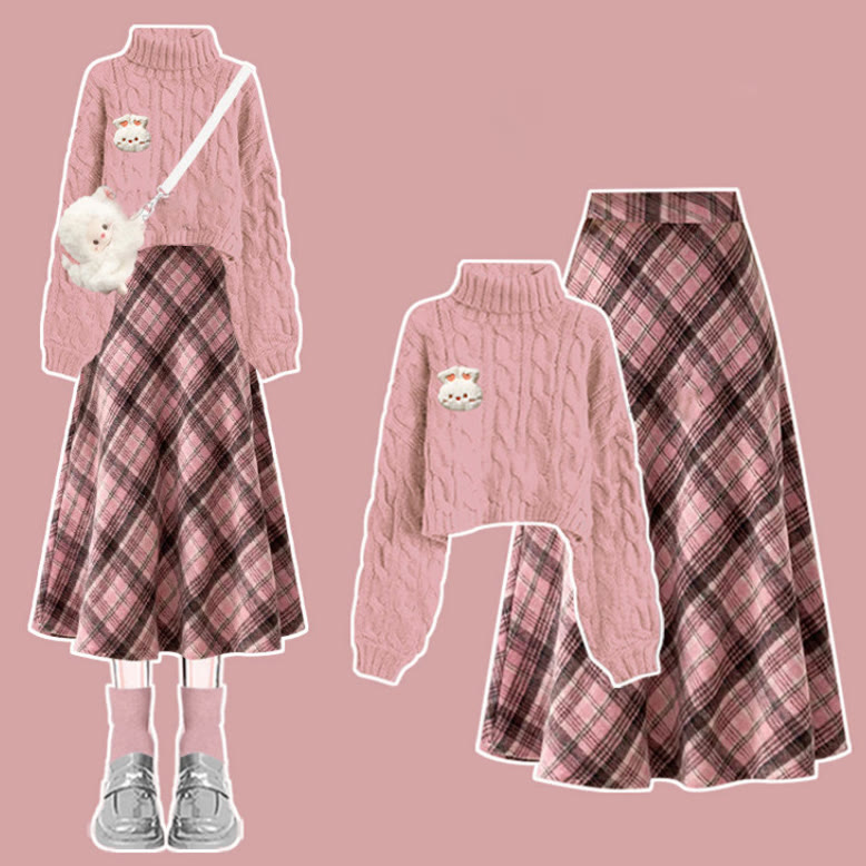 Maillard Knit Sweater and Plaid Skirt Two Pieces Set - Pink Sweater & Pink Skirt - XL - image 7
