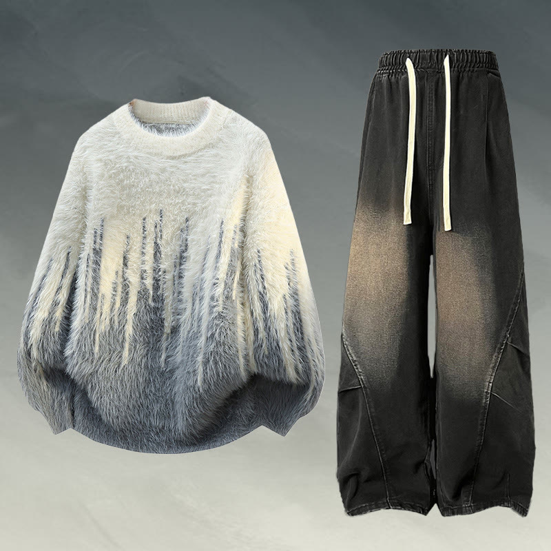 Fuzzy Knit Sweater Denim Pants Two Pieces - Set D - 2XL - image 4