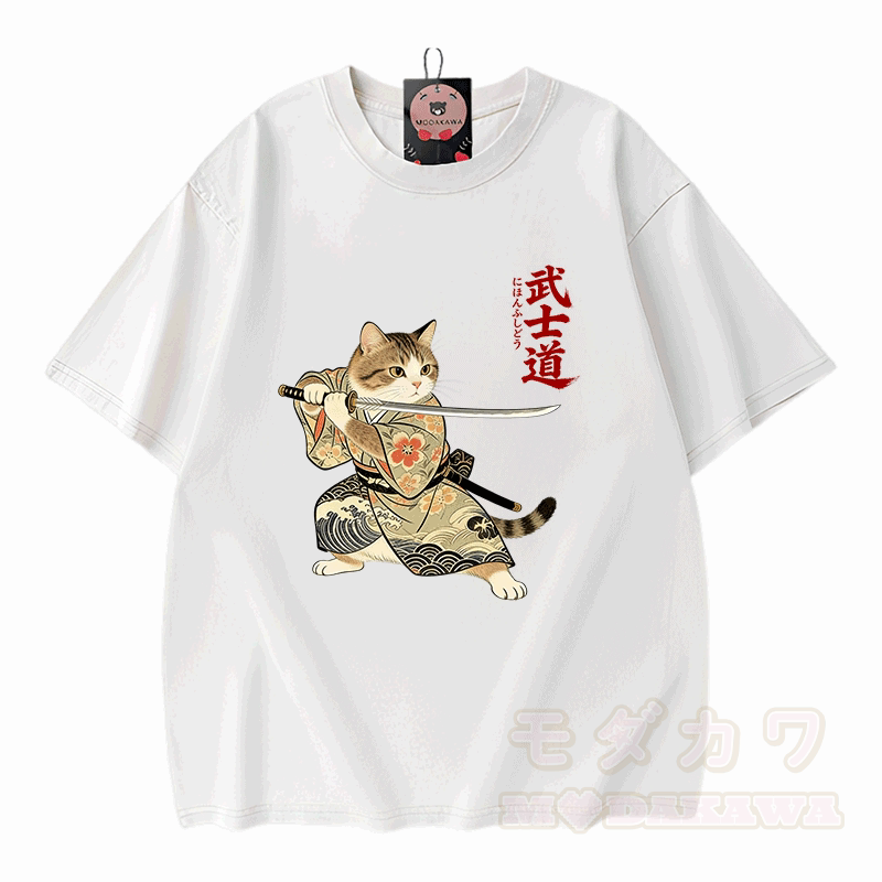 Samurai Cat Graphic Modakawa Vintage Washed 100% Cotton T-shirt - White - 5XL - image 3