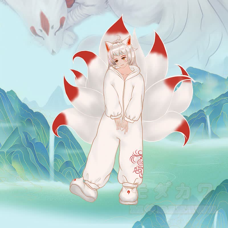 Nine-tailed Fox Plush One-piece Hooded Pajamas - Red(Long) - 6XL - image 2