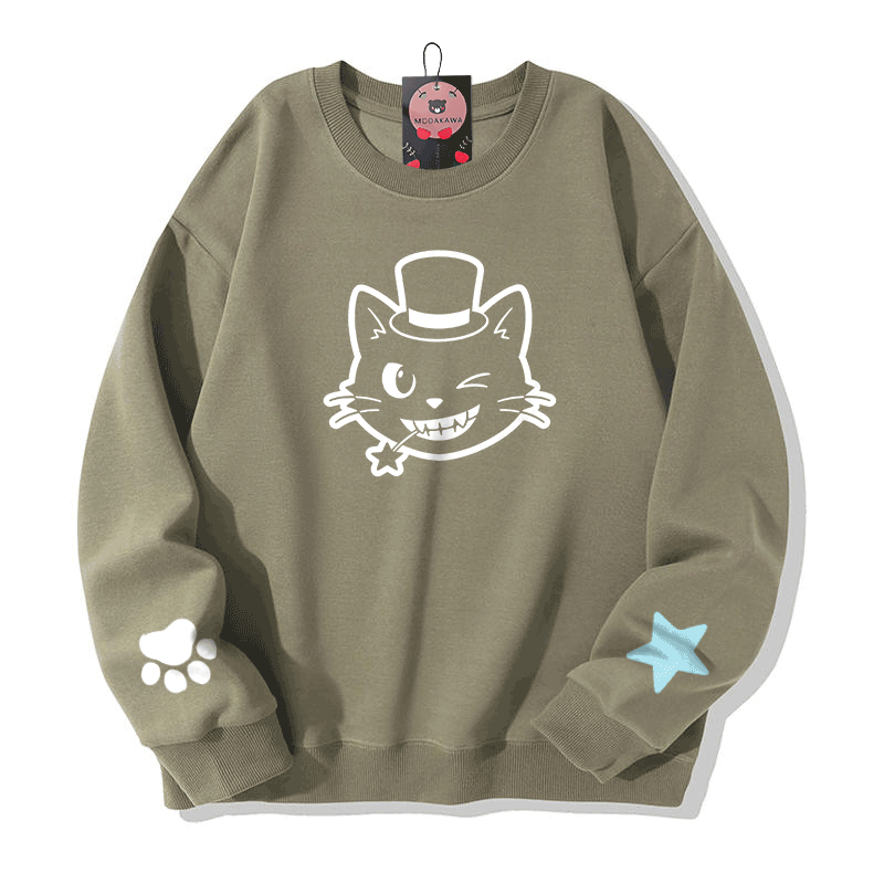 Cat Hat Graphic Modakawa Sweatshirt - Light Khaki - 5XL - image 5