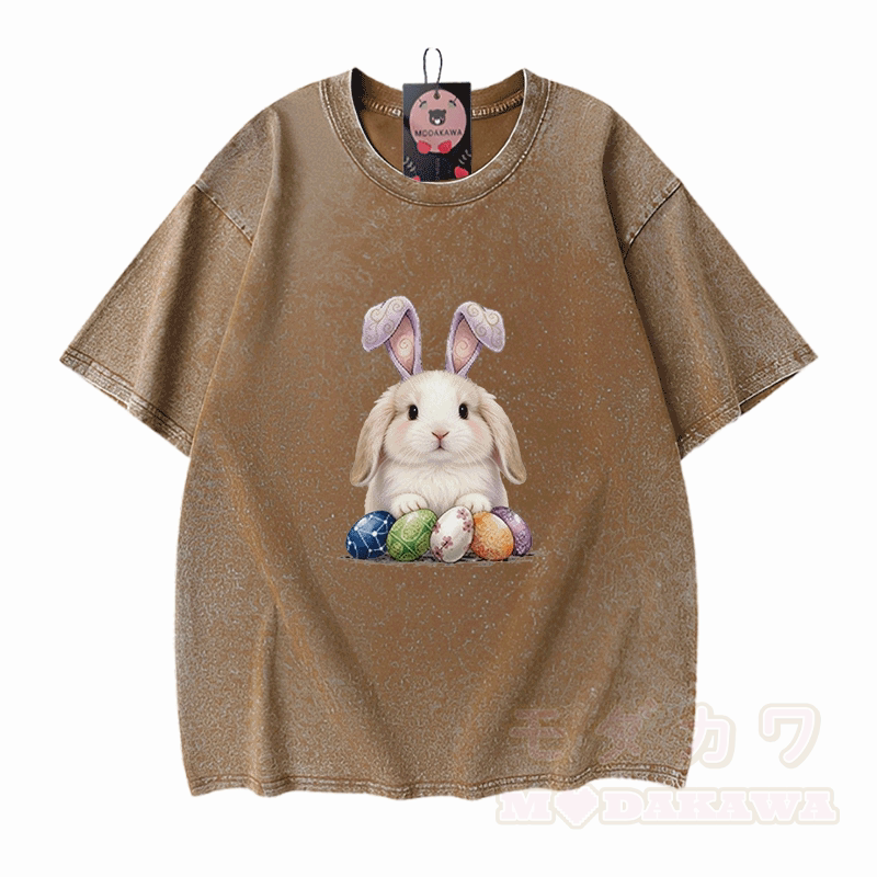 Easter Egg Bunny Graphic Modakawa Unisex Vintage Washed T-shirt - Brown - 5XL - image 5