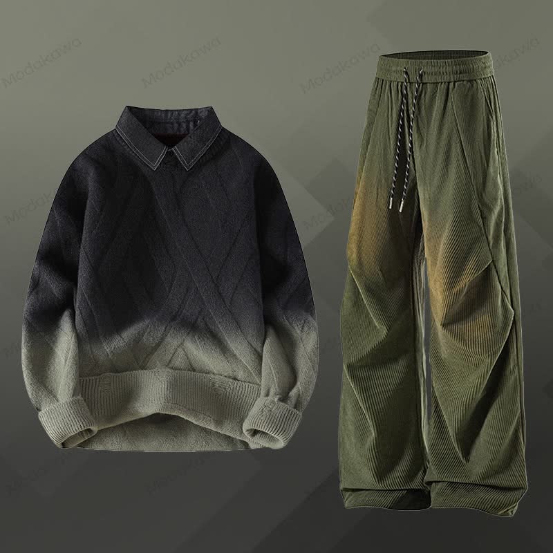 Faux Layered Knit Sweater Corduroy Pants Two Pieces - Set K - 3XL - image 11