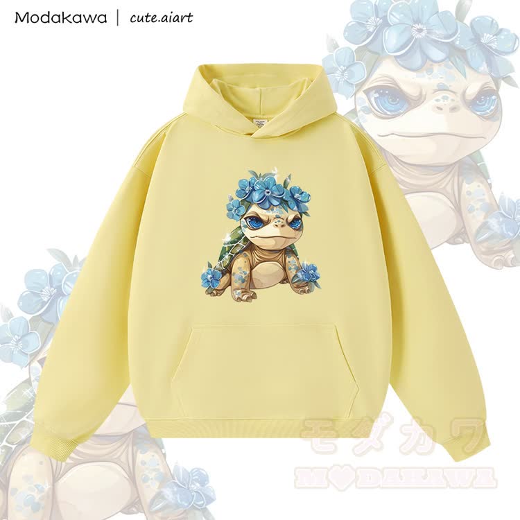 MODAKAWA X cute.aiart Floral Turtle Graphic Warm Thick Hoodie - Yellow - 3XL - image 3