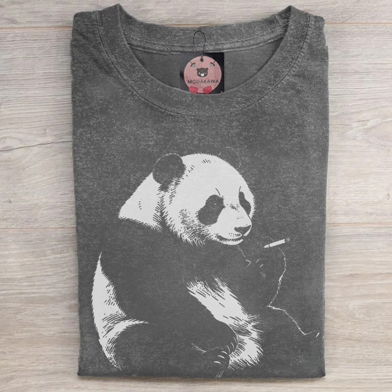 MODAKAWA Smoking Panda Graphic Unisex Vintage Washed T-shirt - Grey - 5XL - image 2