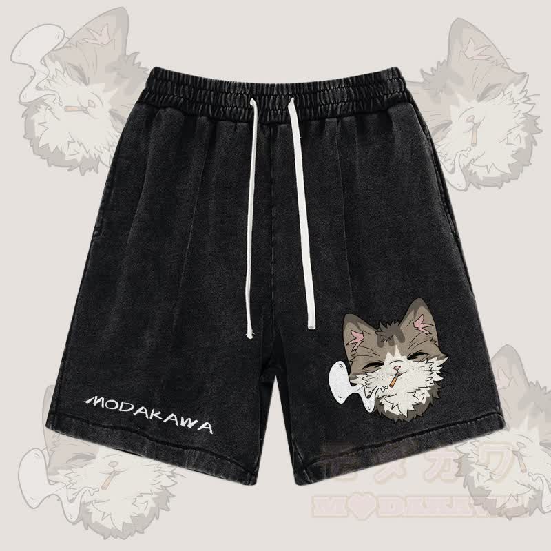 MODAKAWA Smoking Cat Graphic Vintage Washed Streetwear Shorts - Black - 3XL - image 5