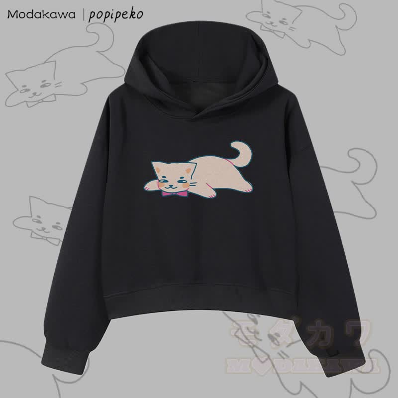 MODAKAWA X popipeko Lazy Cat Graphic Cropped Cotton Hoodie - Black - 3XL - image 5