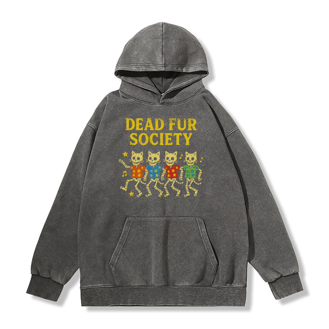 DEAD FUR SOCIETY Unisex Vintage Washed Hoodie Skull Cat Graphic Pullover - Grey - 2XL - image 5