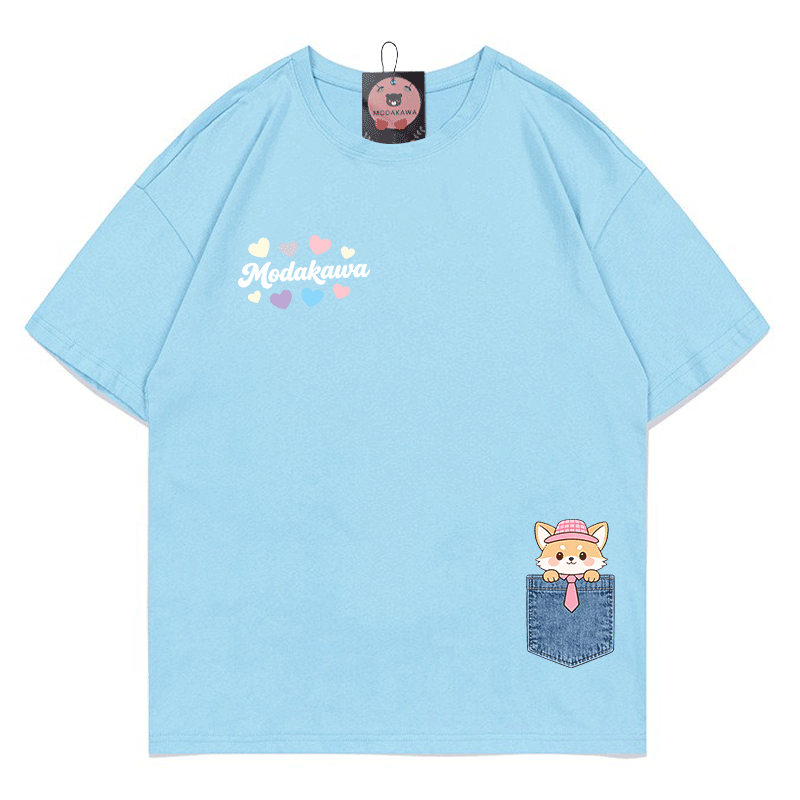 Pocket Fox Hearts Graphic Modakawa 100% Cotton T-shirt - Sky Blue - 5XL - image 4
