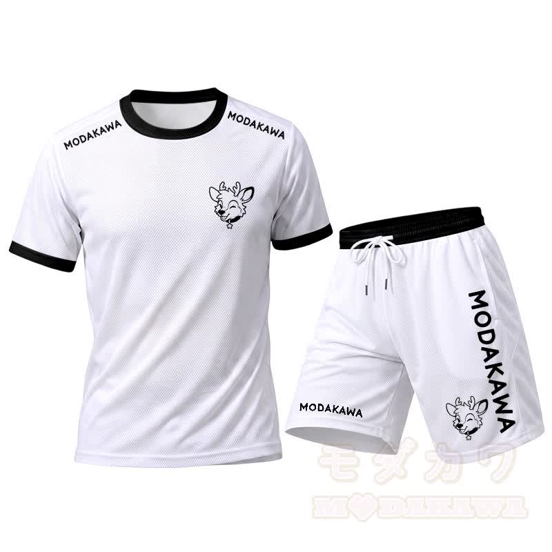 MODAKAWA X popipeko Deer Graphic Men's Sports T-shirt Drawstring Shorts Matching Outfit - White Set - 5XL - image 15