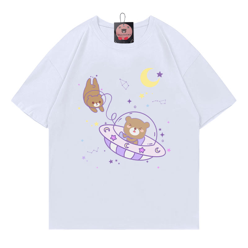 Bear Flying Saucer Print 100% Cotton Modakawa T-shirt - White - 5XL - image 4