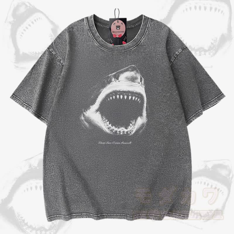 Shark Mouth Graphic Modakawa Vintage Washed 100% Cotton T-shirt - Grey - 5XL - image 3