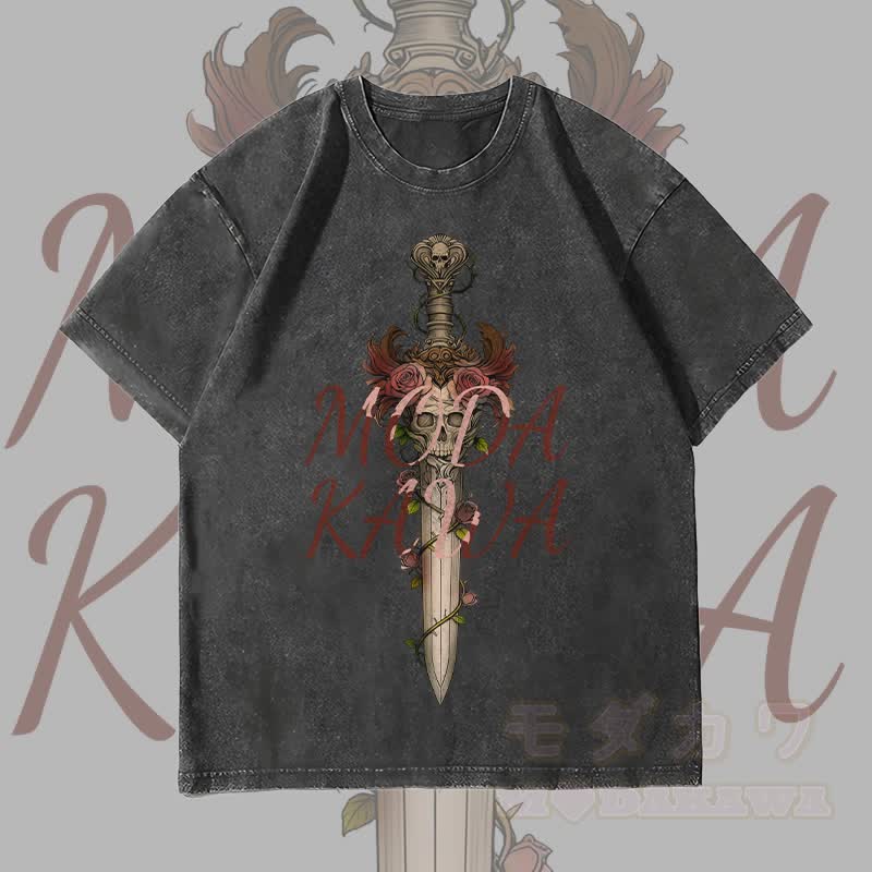 MODAKAWA Gothic Skull Rose Sword Graphic Unisex Vintage Washed T-Shirt - Black - 4XL - image 4