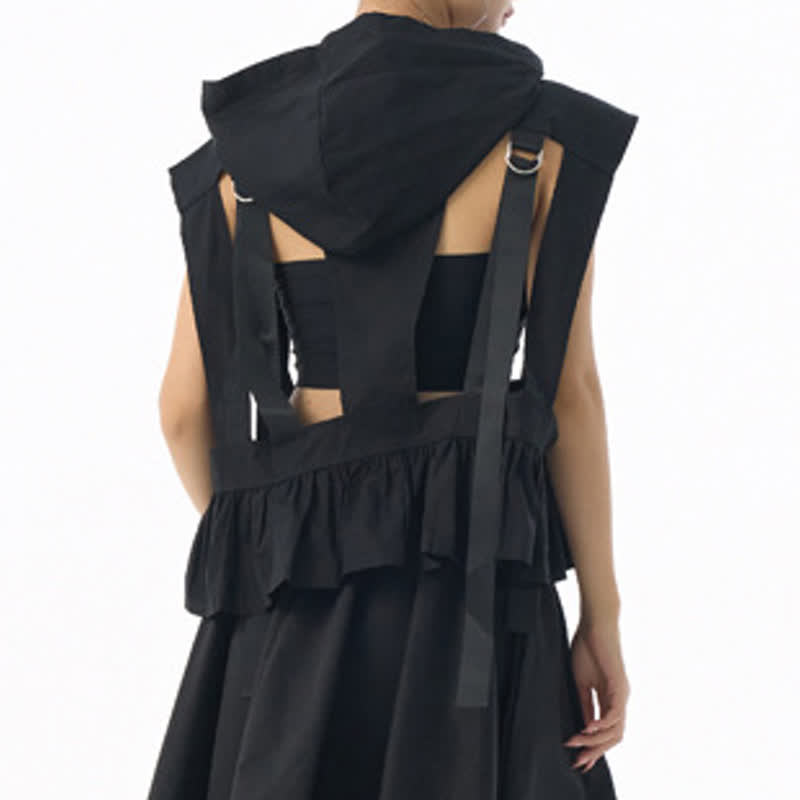 Dark Cut Out Strap Zip Up Hooded Sleeveless Vest - image 5