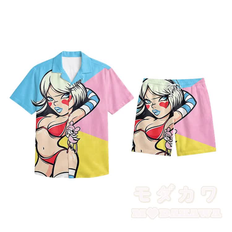 Printed Modakawa Shirt & Shorts Vacation Set - Pink C - 5XL - image 15