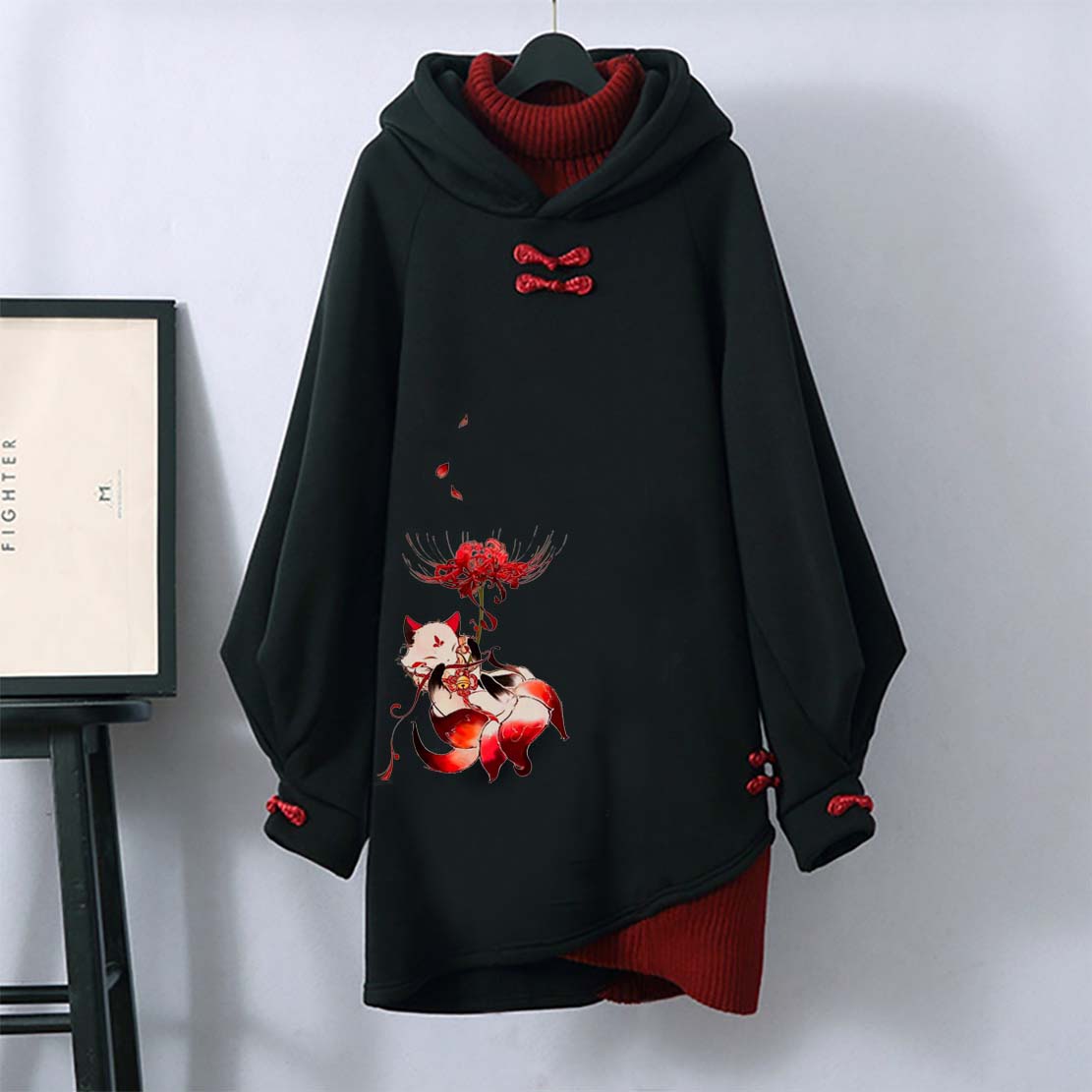 Modakawa Nine-tailed Fox Flower Print Vintage Hooded Sweatshirt Dress - Black - 3XL - image 1