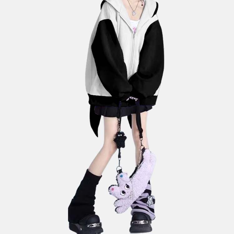 Modakawa Kitty Print Zipper Long Bunny Ears Hoodie - image 2