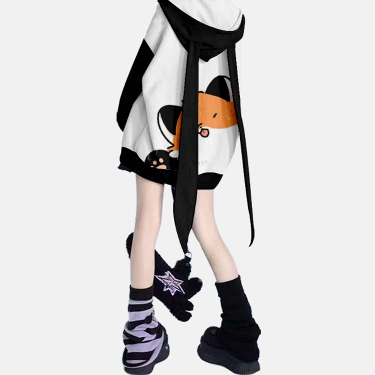 Modakawa Kitty Print Zipper Long Bunny Ears Hoodie - Black&White - 4XL - image 1