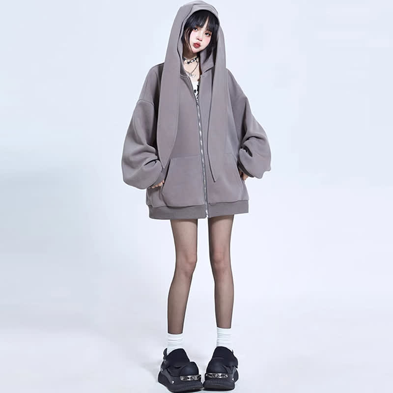 Long Bunny Ears Pocket Oversize Zipper Hooded Sweatshirt   - Grey - 3XL - image 3