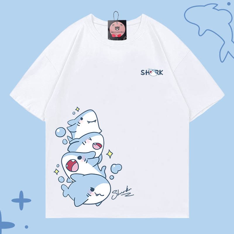 Shark Print 100% Cotton Modakawa T-shirt - White - 5XL - image 1