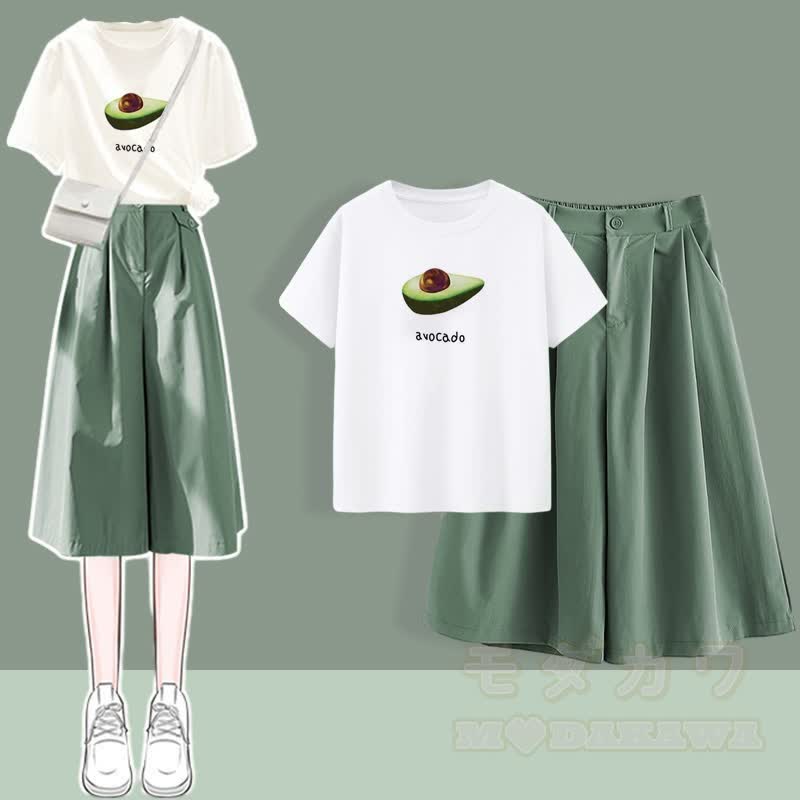 Chic Round Collar Printed T-Shirt Casual Wide Leg Pants Two Pieces Set - Green - XL - image 1